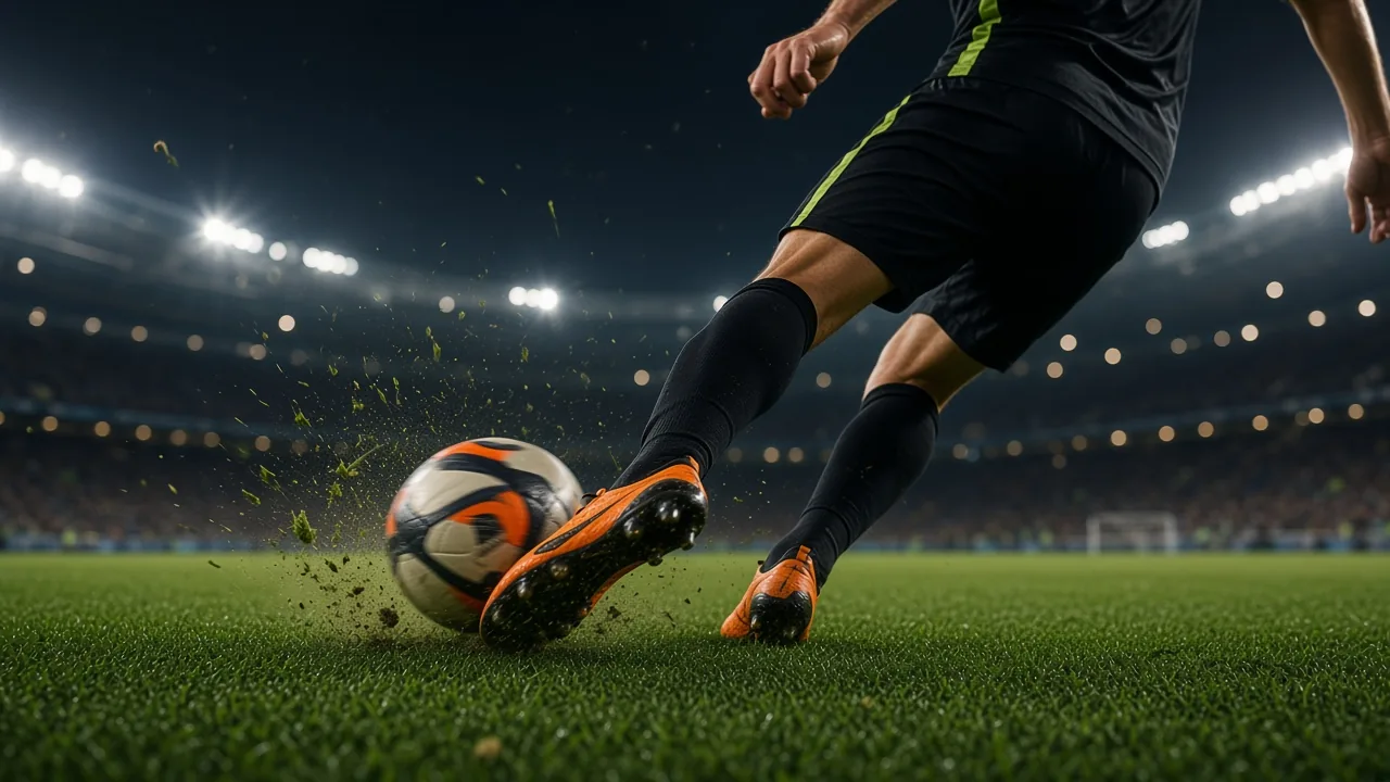 A player striking a football on the pitch