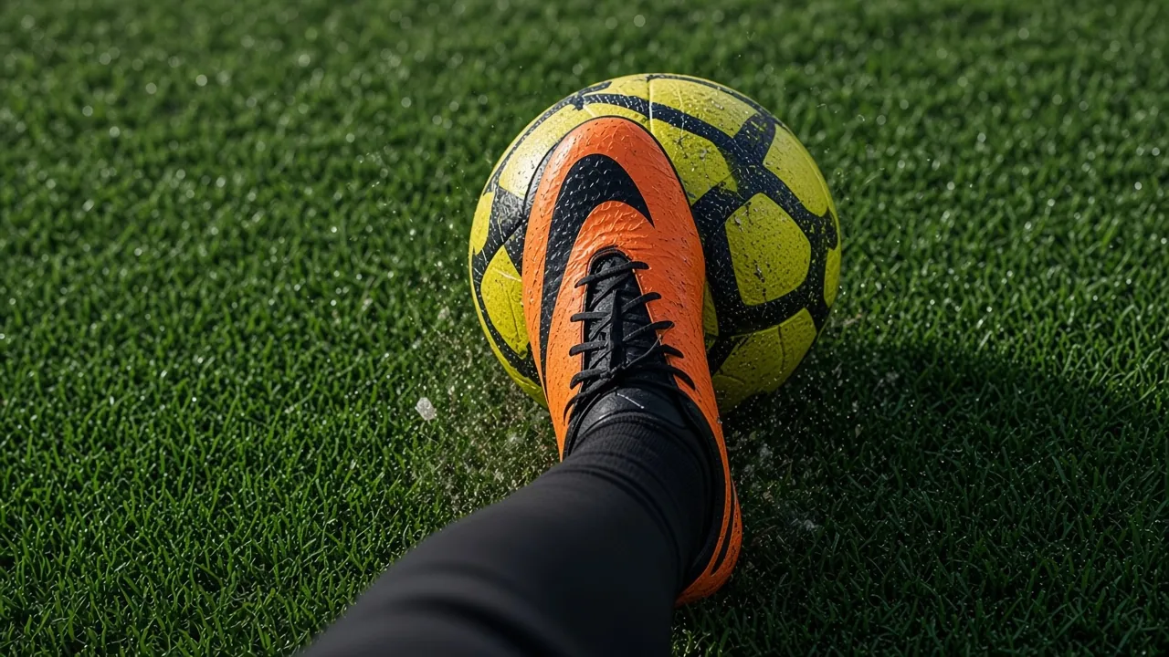 Boot meeting the ball on the grass